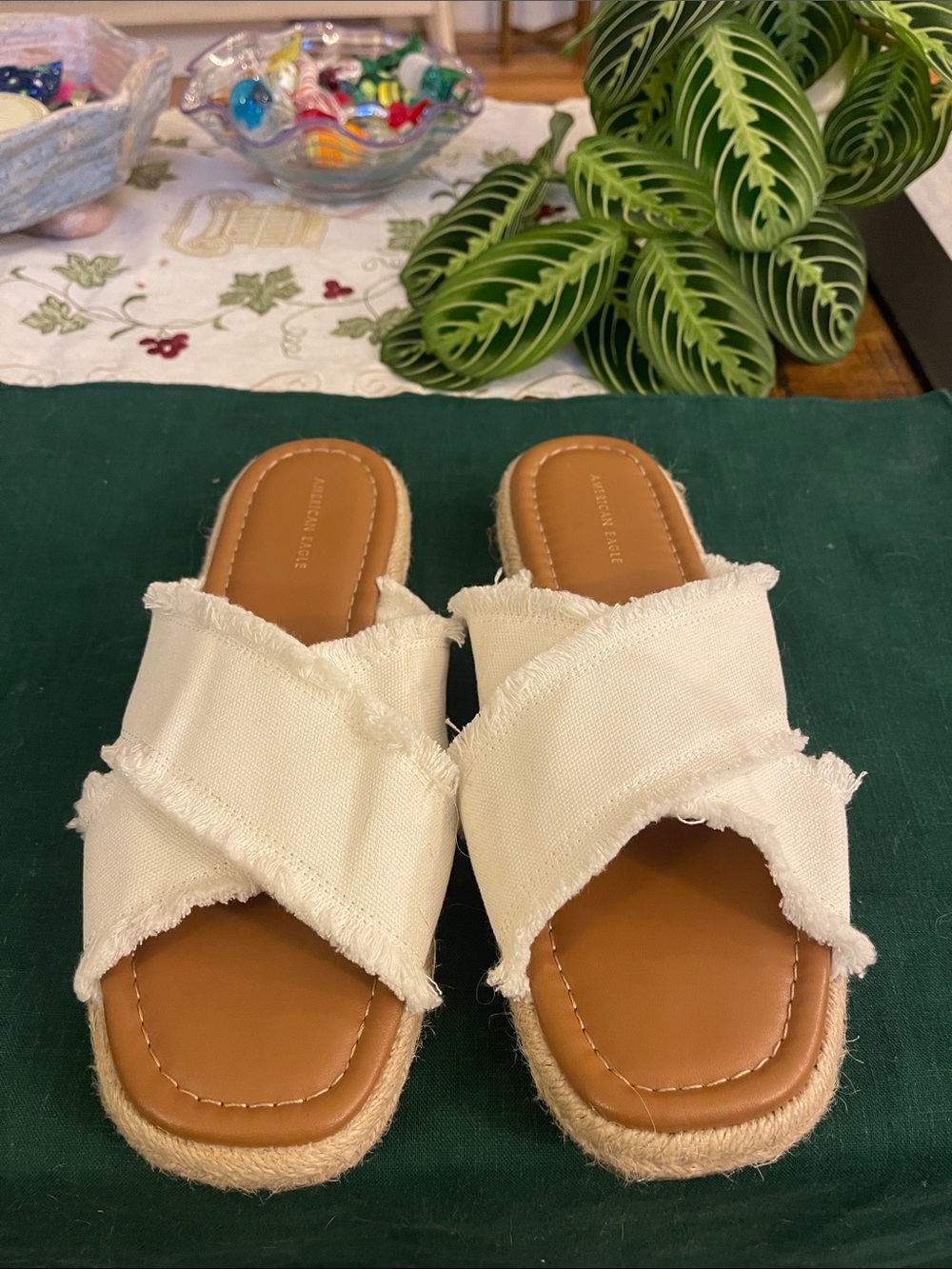 American Eagle Outfitters Cream Frayed Cross-Strap Slide Sandals